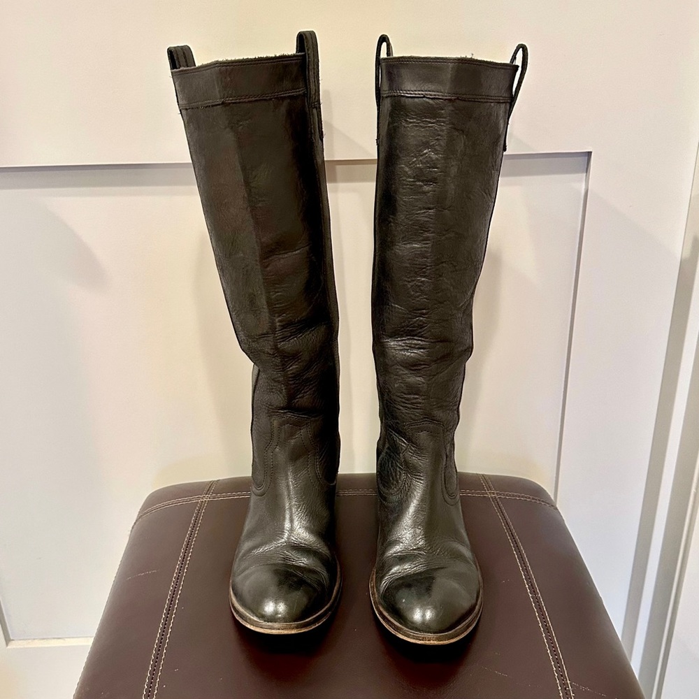 Black Leather Western Boots with Stacked Heel, Size 8.5